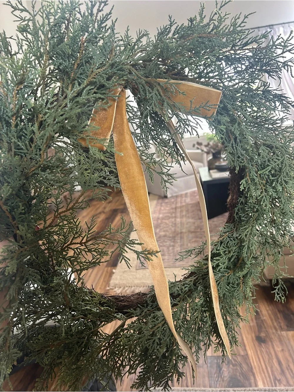 NWOT Threshold Green Juniper Holiday Wreath with Mustard Velvet Bow